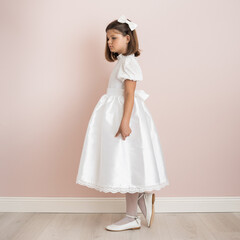 brunette girl 9 years old in a white festive dress on a pale pink background, dress for a wedding,...