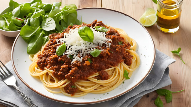 serve the spaghetti bolognese with fresh parmesan and green salad