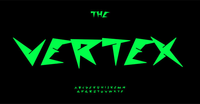 Angular vertex alphabet, spiky sans serif letters, dynamic font for bold modern logo, sharp headline, punk style typography, geometric design, 80s 90s retro party vibe. Vector typeset.