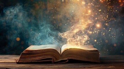 Magical book with open pages and abstract lights glowing in the dark. Literature and fairy tale concept.