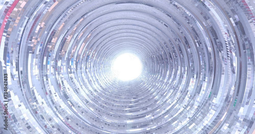 Poster abstract metallic shiny silver chrome polyhedral tunnel frame made of lines of hexagonal edges, mech