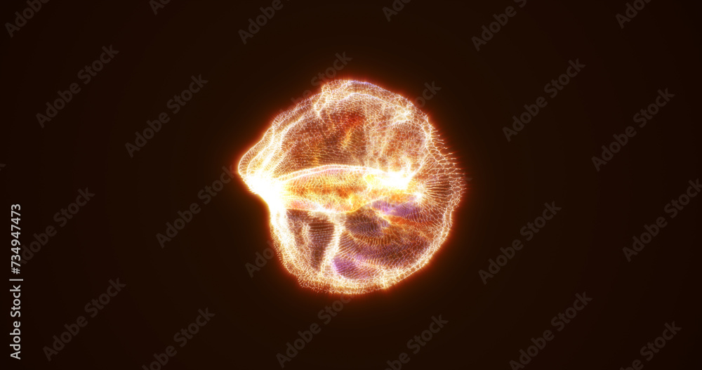 Poster abstract glowing looped light energy yellow orange round sphere atom from lines of wave dots and par
