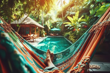 Generated image a close up of a hammock near a pool,soft focus, teal and orange colours, vacation summer vibes