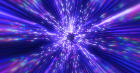 Beautiful abstract purple tunnel made of futuristic digital stripes and lines glowing with bright magic energy on a black space background. Abstract background