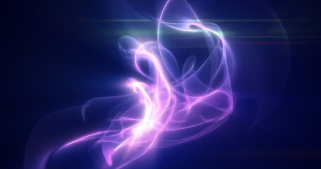 Abstract waves of purple energy magic smoke and glowing lines on a black background