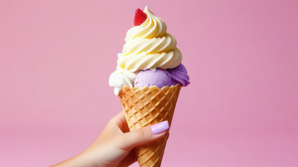 Naklejka premium Close-up of a waffle cone with multicolored ice cream and a raspberry in a woman's hand. Ice cream on a pink background. Advertising banner concept. Copy space
