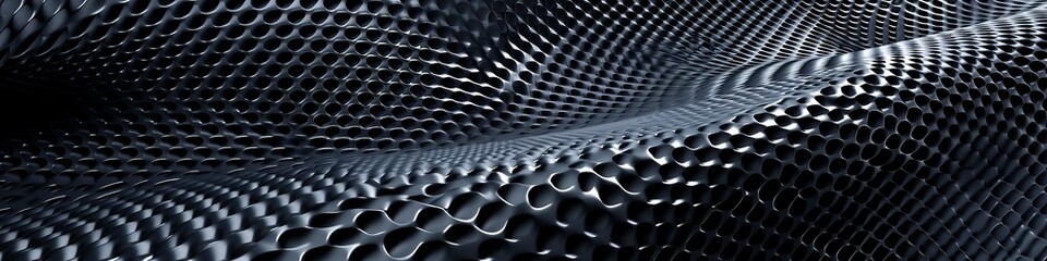 Technologically advanced 3D wall with a black mesh pattern.