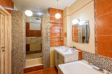 interior apartment room bathroom, sink, decorative elements, toilet. WC, sanitary unit, wash room
