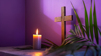 Wooden cross, candle and palm leaves on purple background
