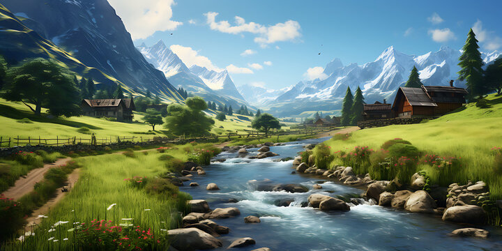 Mountain landscape with a river and houses. 3d render.