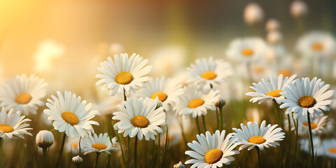 Field of daisies at sunset. Beautiful nature scene with blooming chamomile flowers.