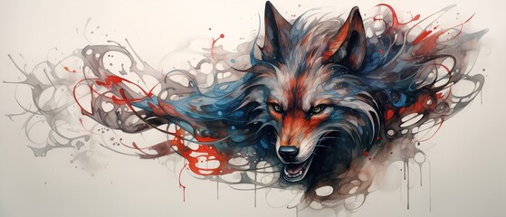 A dynamic modern art painting of a fierce wolf, captured through a masterful combination of sketch, drawing, and illustration techniques using vivid art paint