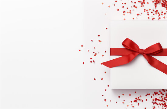 White gift box with a red ribbon on a white background, featuring ample space for custom text. This simple yet elegant image evokes feelings of celebration and anticipation