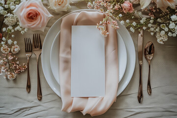 Wedding menu on a plate and served table mockup, some flowers arround, wedding background