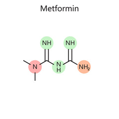 Chemical organic formula of Metformin diagram hand drawn schematic raster illustration. Medical science educational illustration