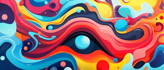 A mesmerizing explosion of vibrant hues and intricate patterns, this psychedelic painting of an eye invites the viewer into a world of abstract expression and modern graphics - obrazy, fototapety, plakaty