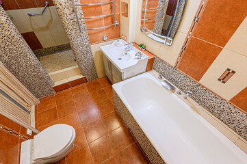 interior apartment room bathroom, sink, decorative elements, toilet. WC, sanitary unit, wash room