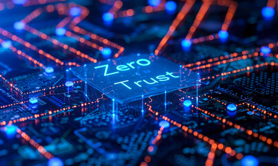 Cybersecurity concept of Zero Trust network security model illuminated on digital interface, representing verification and constant authentication