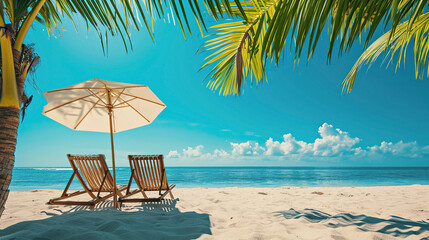 Two empty beach chairs and yellow umbrella on sunny tropical beach, near the sea, copy space. Vacation, exotic holiday
