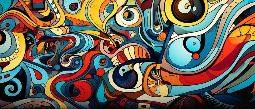A vibrant and eclectic piece of modern art, blending elements of painting, drawing, and graffiti to create a psychedelic explosion of colors and abstract forms