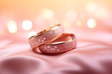 Pink wedding rings with shimmering dust on silky rose fabric in delicate hues against a soft background. This elegant and romantic image captures the essence of love and commitment