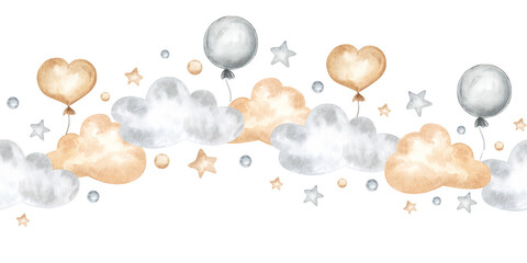 Cloud seamless border watercolor frame illustration. Sky and stars pattern for baby room. Hand drawn template on isolated background. Lullaby nursery design, wall art stickers and wallpaper balloons - obrazy, fototapety, plakaty