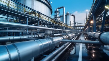 Hydrogen power plant, large steel tanks and pipes, wide angle photo. Clean H2 energy concept