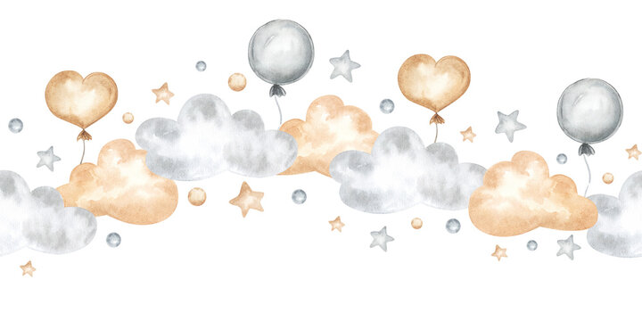 Fototapeta Cloud seamless border watercolor frame illustration. Sky and stars pattern for baby room. Hand drawn template on isolated background. Lullaby nursery design, wall art stickers and wallpaper balloons