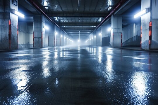 Midnight basement parking area or underpass alley. Wet, hazy asphalt with lights on sidewalls. crime, midnight activity concept