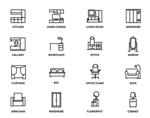 Large set of outline icons of different types of furniture and items of interior for living room, kitchen, bedroom, hallway and office. Bandle of pictograms in the same style