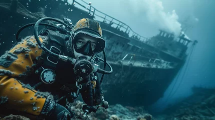 Fototapeten Scuba diver explores a shipwreck teeming with fish in the deep blue sea © NUTTAWAT