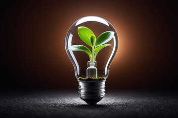 tree grows in light bulbs isolated on dark background, energy-saving and environmental concepts on Earth Day. Concepts of environmental conservation and global warming plant growing inside lamp bulb