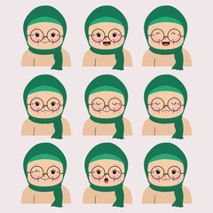 set of grandma hijab faces illustration