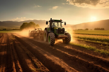 Fototapeta premium Tractor Plowing Field at Sunset in Rural Landscape
