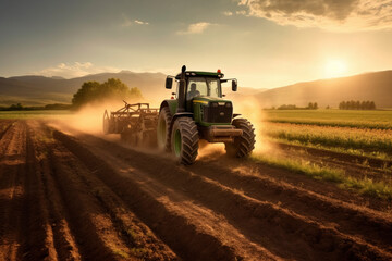 Tractor Plowing Field at Sunset in Rural Landscape