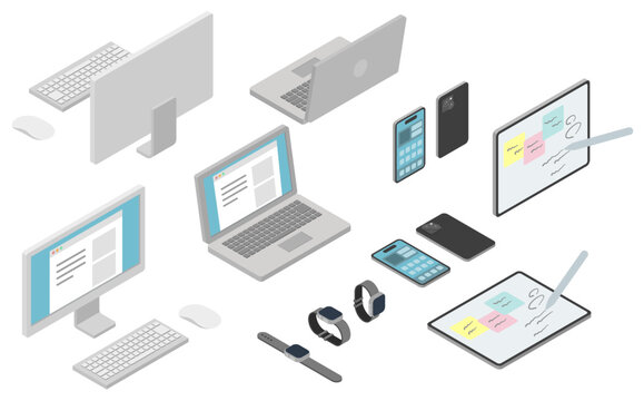 アイソメトリックイラスト:パソコンとスマホとタブレット