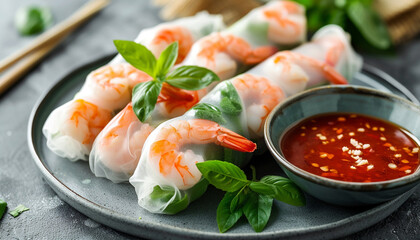 A beautifully arranged plate of fresh Thai spring rolls with shrimp vermicelli and herbs accompanied by a sweet chili dipping sauce showcasing the dishs transparency and the vibrant colors of