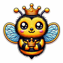 patch sticker of a cute bee holding a crown vibrant, realistic color tones with bold, strong