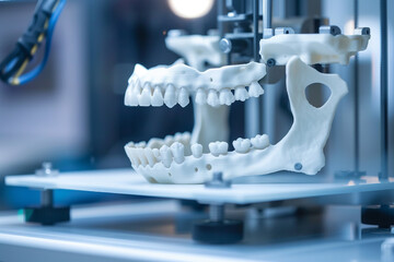 A close-up of a 3D printer in a medical manufacturing lab meticulously printing a custom orthopedic implant with precision capturing the intricate details of the implants design