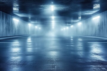 Midnight basement parking area or underpass alley. Wet, hazy asphalt with lights on sidewalls. crime, midnight activity concept