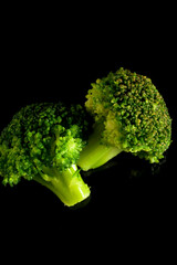 Green broccoli with dark black background in vertical Brassica oleracea var italica