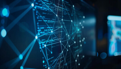 A close-up of a computer monitor showing a complex blockchain network managing health records with nodes representing patient data points securely interconnected ensuring data integrity and