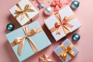empty mockup embrace new year with elegance top view gift boxes with satin bows ornaments