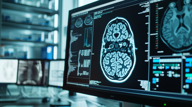 A close-up of a computer monitor in a lab displaying AI software accurately identifying diseases from patient scans with advanced algorithms highlighting the reduced diagnostic errors thanks to