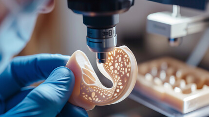 A detailed view of a 3D printed custom hearing aid being examined by a healthcare professional highlighting the intricate design and personal fit made possible by 3D printing technology - obrazy, fototapety, plakaty