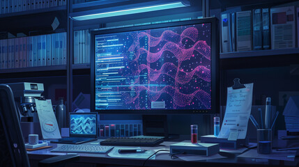 A detailed view of a computer screen in a genomics lab showing AI software identifying patterns in DNA sequences related to complex diseases surrounded by scientific papers and notes - obrazy, fototapety, plakaty