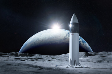 Starship spacecraft on Moon surface with Earth planet backdrop. Artemis space mission. Elements of...