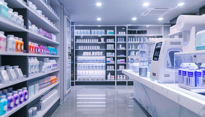 A pharmacy of the future where pharmacists use 3D printing technology to create personalized medicine for patients with shelves displaying a variety of printed medications ready for distribution