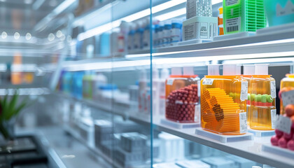 A pharmacy of the future where pharmacists use 3D printing technology to create personalized medicine for patients with shelves displaying a variety of printed medications ready for distribution - obrazy, fototapety, plakaty