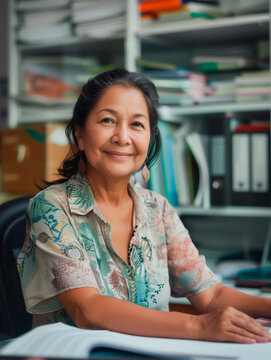 55 year old woman sitting at her office desk